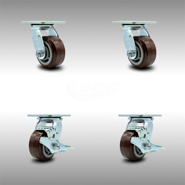 4 Inch Stainless Steel Polyurethane Swivel Caster Set with Ball Bearing 2 Brakes